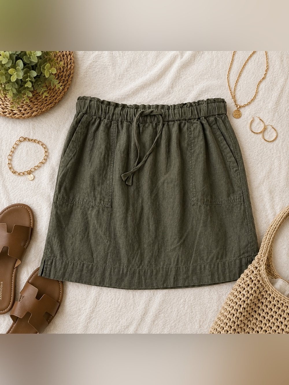 Caslon Olive Green Linen Blend Paperbag Waist Skirt Size Large